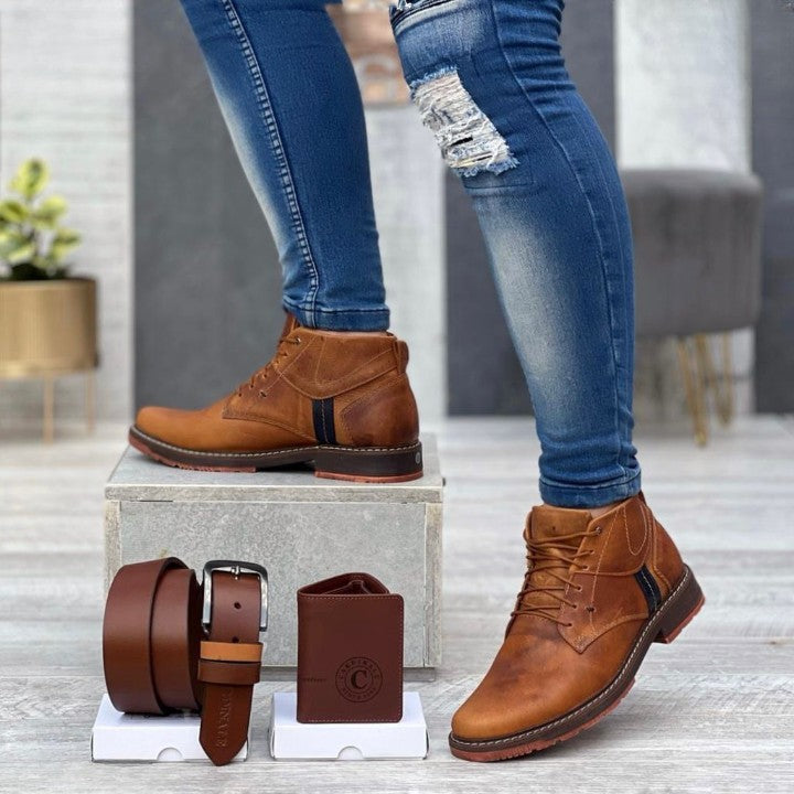 En Cuero: Combo Zapato - Cinto - Billetera Casual Elegante de Caballero 100% Cuero – Distinción en Cada Paso (675466)