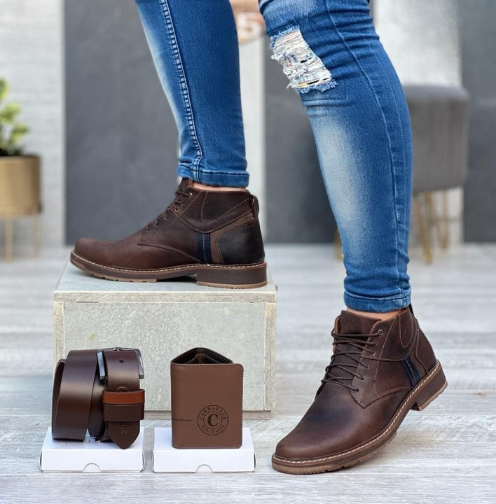 En Cuero: Combo Zapato - Cinto - Billetera Casual Elegante de Caballero 100% Cuero – Distinción en Cada Paso (675466)