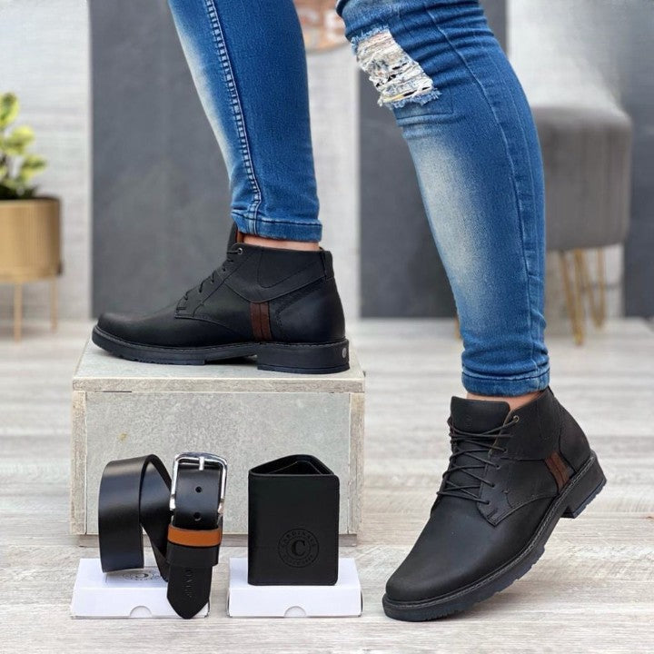 En Cuero: Combo Zapato - Cinto - Billetera Casual Elegante de Caballero 100% Cuero – Distinción en Cada Paso (675466)