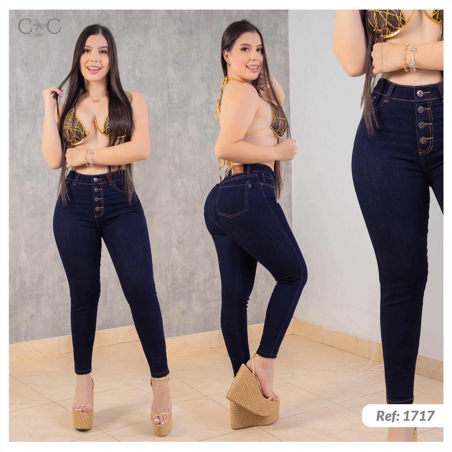 Jean en Tela Stretch, Tiro Alto con Bolsillos Delanteros y Traseros – Color Oscuro (1584204)