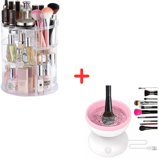 Combo Organizador de Maquillaje Acrílico + Limpiador de Brochas Giratorio